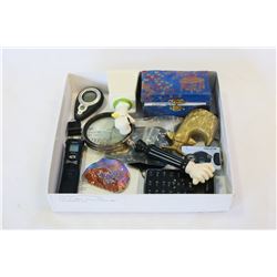 TRAY OF SMALL COLLECTIBLES AND ELECTRONICS ETC