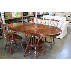 VILAS MAPLE PEDESTLE DINING TABLE WITH 2 LEAFS AND FOUR SPINDLE BACK CHAIRS