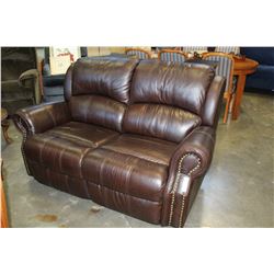 STUDDED BROWN LEATHER DOUBLE RECLINER LOVESEAT
