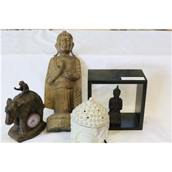 BUDDA INCENSE BURNER ELEPHANT CLOCK AND TWO FIGURES