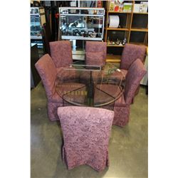 LARGE GLASS DINING TABLE WITH 6 UPOLSTERED CHAIRS