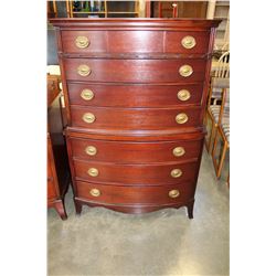 ANTIQUE MAHOGANY BOWED FRONT 2-PIECE 7 DRAWER HIGHBOY DRESSER