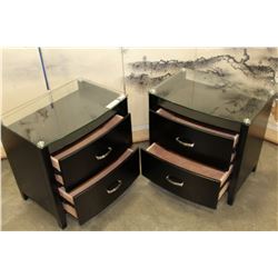 PAIR OF BRAND NEW MODERN GLASS TOP ESPRESSO FINISH NIGHTSTANDS, SOLID WOOD CONSTRUCTION, BALL BEARIN