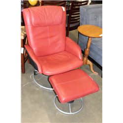 RED LEATHER SWIVEL RECLINER AND FOOTSTOOL
