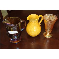 IRIS AND HERRINGBONE VASE AND CARNIVAL GLASS PITCHER AND POTTERY PITCHER