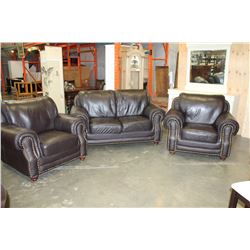 DARK BROWN LEATHER LOVESEAT AND TWO MATCHING CHAIRS