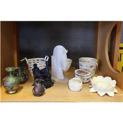 SHELF LOT OF POTTERY AND FIGURES