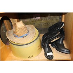 TWO PAIR OF BALCK LEATHER BOULET COWBOY BOOTS AND STRAW LAMP