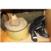 Image 1 : TWO PAIR OF BALCK LEATHER BOULET COWBOY BOOTS AND STRAW LAMP