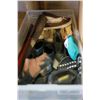 Image 1 : TOTE OF SHOES AND DOLLS AND BOX OF LINENS