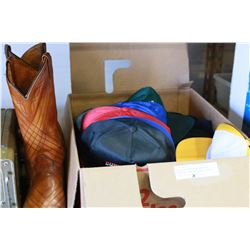 BOX OF ASSORTED AS NEW BALL CAPS AND LEATHER COWBOY BOOTS SIZE 12
