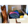 Image 1 : BOX OF ASSORTED AS NEW BALL CAPS AND LEATHER COWBOY BOOTS SIZE 12