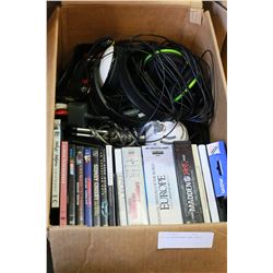 BOX OF HEADPHONES AND DVDS