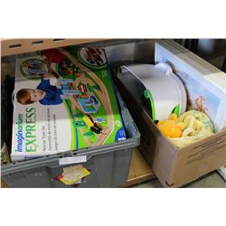 TWO TOTES OF KIDS TOYS POTTY AND PICTURES