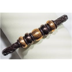 new new Stainless Steel Brown Leather Bracelet with Beads Retail $150