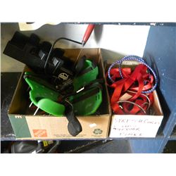 BOX OF SMALL MISC TOOLS/STRETCH CORDS (ESTATE ITEM)