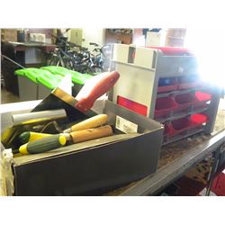 BOX OF TROWELS/SCREW ORGANIZING BIN (ESTATE ITEM)