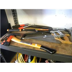 2 PAIRS OF PRUNERS/AXE/2 SAWS/PRY BAR (ESTATE ITEM)