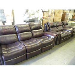 BURGANDY LEATHER RECLYNING SOFA WITH MATCHING LOVE SEAT & CHAIR WITH STUDDED FRONTS