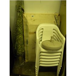 PATIO UMBRELLA WITH BASE/TABLE/6 WHITE PLASTIC PATIO CHAIRS (ESTATE ITEM)