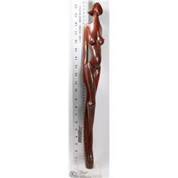 WOOD REDWOOD CARVED  WOMAN ON STAND