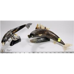 CARVED COW HORN FISH ON HORN STAND SOLD WITH