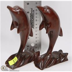 PAIR OF REDWOOD CARVED DOLPHINS