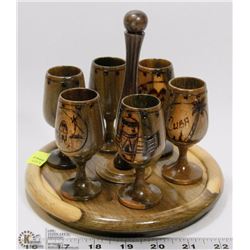 HANDMADE CARVED WOOD SHOTGLASS SET WITH STAND