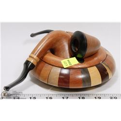 HANDMADE CARVED WOODEN ASHTRAY WITH 2 WOOD