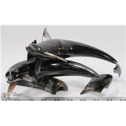 TWO CARVED HORN DOLPHINS DISPLAY