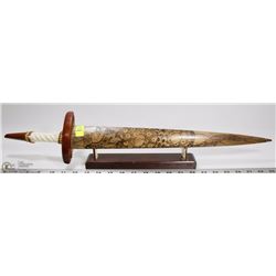 WOOD CARVED SWORD WITH BONE HANDLE AND DISPLAY
