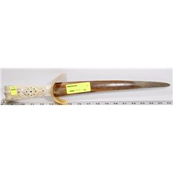 WOOD CARVED SWORD WITH HORN AND BONE HANDLE