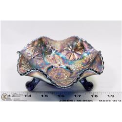 PURPLE CARNIVAL GLASS FOOTED CANDY DISH WITH