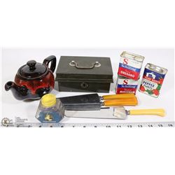 BOX W/ VINTAGE ITEMS INCL SPICE CONTAINERS, CASH