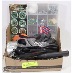 BOX OF NEW HARDWARE ETC INCL NEW BOB DALE GLOVES,