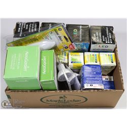 BOX OF ASST LIGHTS INCL HALOGEN, LED, AND MORE