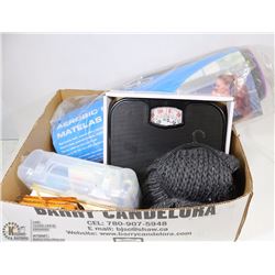 LOT WITH BATHROOM SCALE, HOT HAND PACKS, FIRST