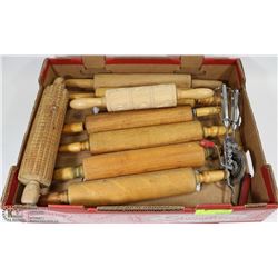 FLAT OF VINTAGE KITCHEN ROLLING PINS AND EGG