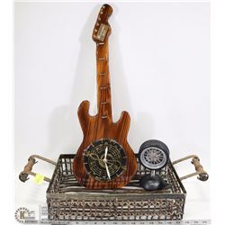 TWO CLOCKS IN WOOD & METAL HANDLED BASKET -