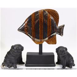 PORCELAIN FISH ON STAND W/2 HEAVY PUG DOGS