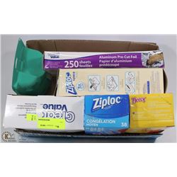 FLAT OF HOUSEHOLD ITEMS INCLUDING ZIPLOC BAGS,