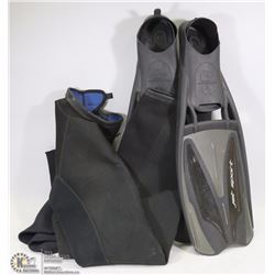 LOT OF 2 SCUBA WET SUITS AND FINS