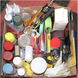 BOX W/SPRAY PAINTS, STAINS, SANDPAPER,