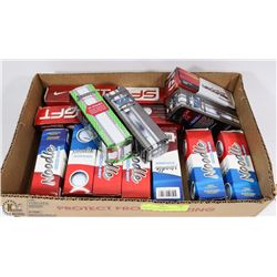 BOX W/ 15 NEW PACKAGES OF GOLF BALLS INCL 7 NOODLE