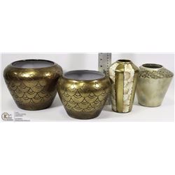 LOT OF 4 GOLD LEAF AND SHELL VASES/PLANTERS