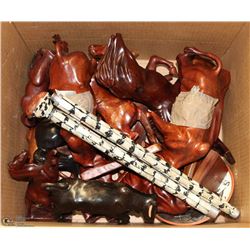BOX OF BROKEN WOOD FIGURINES AND CANE