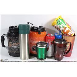 LOT OF TRAVEL MUGS INCLUDING STANLEY STAINLESS