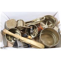 BOX OF ANTIQUE SIFTERS AND KITCHEN ITEMS
