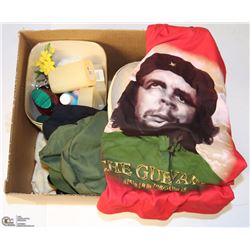 BOX OF ASST CLOTHING, DECORATIONS, TOILET BRUSH &