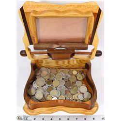 WOODEN JEWELRY BOX WITH ASSORTED COINS